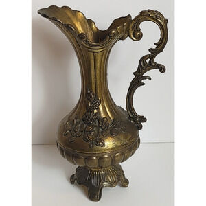 Vintage Italian Floral Embossed Metal Pitcher Vase Decor Footed Made in Italy 9"